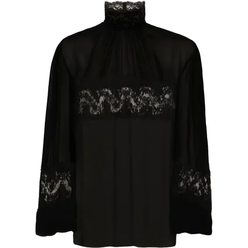 Schwarze Seidenchiffonbluse mit Spitzenbesätzen - Dolce & Gabbana - Modalova