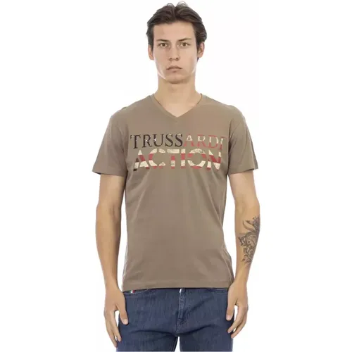 Braunes V-Ausschnitt T-Shirt mit Frontdruck , Herren, Größe: M - Trussardi - Modalova