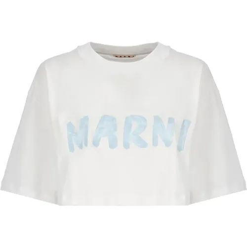 Cotton Cropped T-shirt with Logo , female, Sizes: 2XS - Marni - Modalova