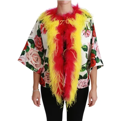 Floral Fur Detail Jacket Cape , female, Sizes: XS - Dolce & Gabbana - Modalova