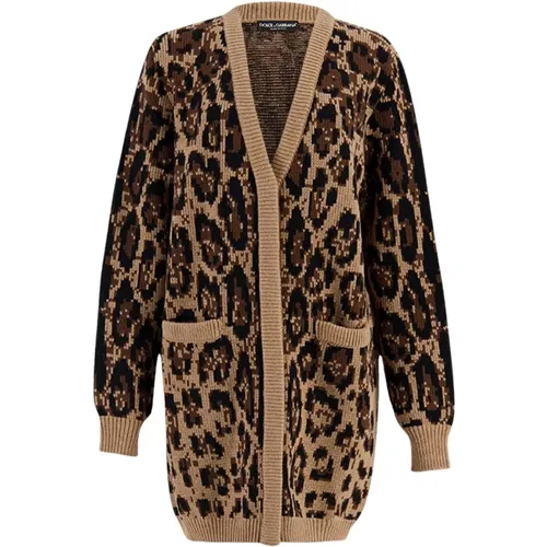 Leopard Design Wool and Cashmere Cardigan , female, Sizes: XS - Dolce & Gabbana - Modalova