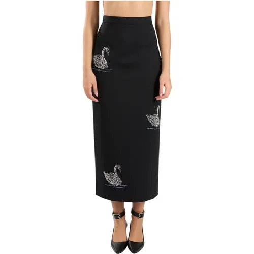 Swan Embellished Wool Blend Midi Skirt , female, Sizes: S, M - Msgm - Modalova