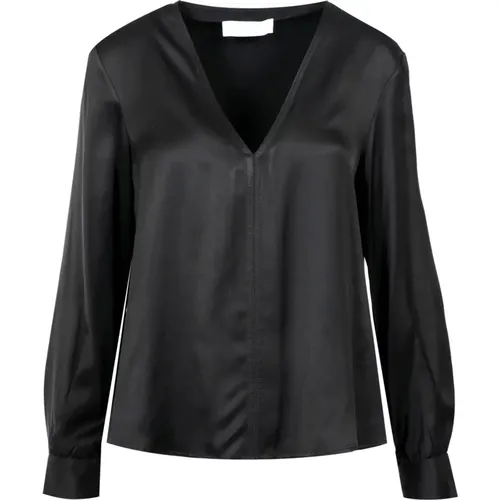 Schwarzes Satin V-Ausschnitt Shirt , Damen, Größe: XS - Kaos - Modalova