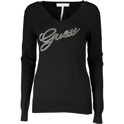 Eleganter V-Ausschnitt Pullover mit Strass , Damen, Größe: L - Guess - Modalova