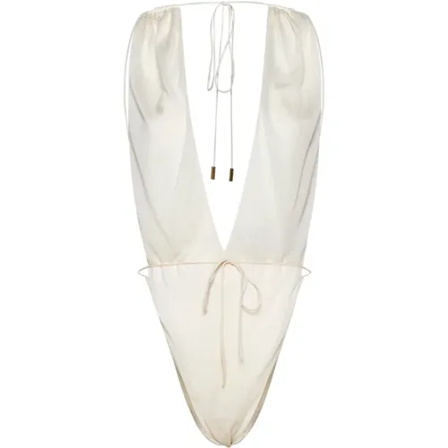 Cream Halter-neck Bodysuit with Deep V-neck , female, Sizes: S, M - Saint Laurent - Modalova