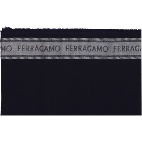 Blauer Wollseidenschal mit Logodetail , Herren, Größe: ONE Size - Salvatore Ferragamo - Modalova