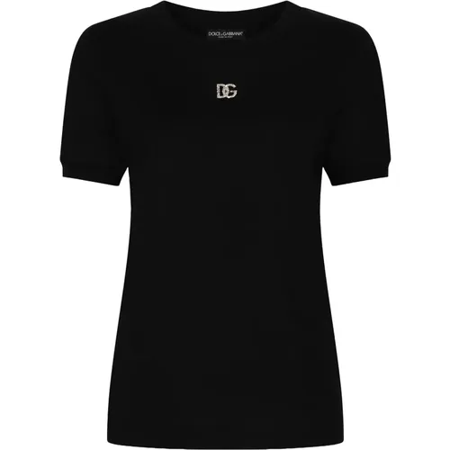 Kristall Logo Baumwoll T-shirt Rundhals , Damen, Größe: S - Dolce & Gabbana - Modalova
