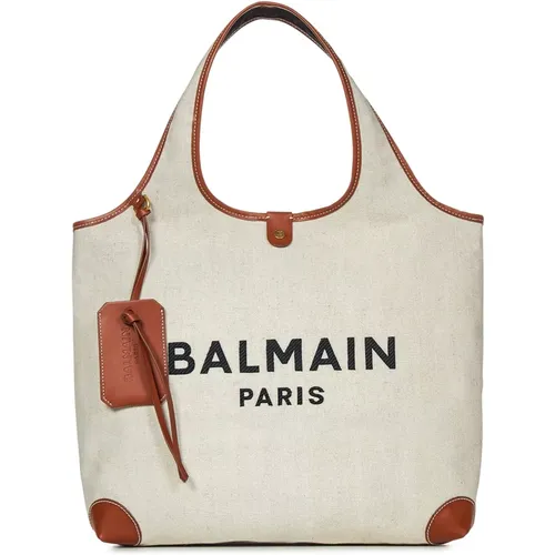 Brown Canvas Grocery Bag with Leather Details , female, Sizes: ONE SIZE - Balmain - Modalova