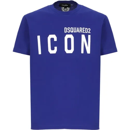 Blaues Baumwoll-T-Shirt mit Kontrastlogo , Herren, Größe: L - Dsquared2 - Modalova