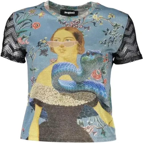 Bedrucktes Blaues T-Shirt mit Kontrasten , Damen, Größe: L - Desigual - Modalova