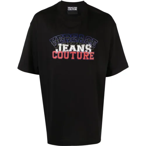 Schwarzes T-Shirt mit Flock-Logo - Versace Jeans Couture - Modalova