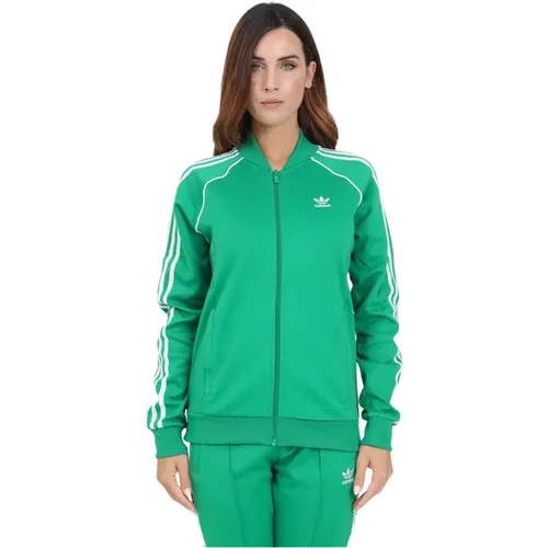 Grüner Sweater mit Reißverschluss und 3 Streifen - adidas Originals - Modalova