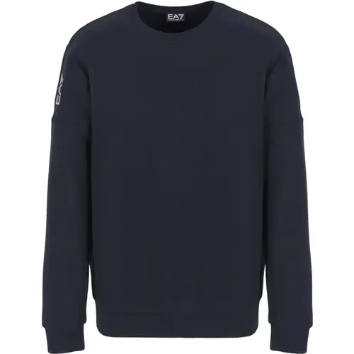 Blaues Baumwoll-Rundhals-Sweatshirt mit Logo-Detail , Herren, Größe: L - Emporio Armani EA7 - Modalova