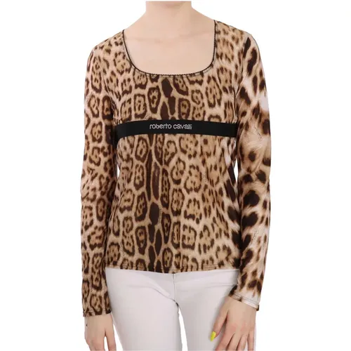 Brauner Leoparden Langarm-Top , Damen, Größe: 2XL - Roberto Cavalli - Modalova