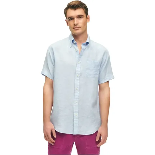 Hellblaues Regular Fit Leinen Kurzarm-Sportshirt mit Button-Down-Kragen , Herren, Größe: M - Brooks Brothers - Modalova