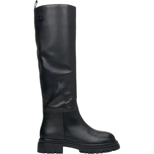 Damen Schwarze Leder Winterstiefel mit Elastischem Schaft - Estro - Modalova