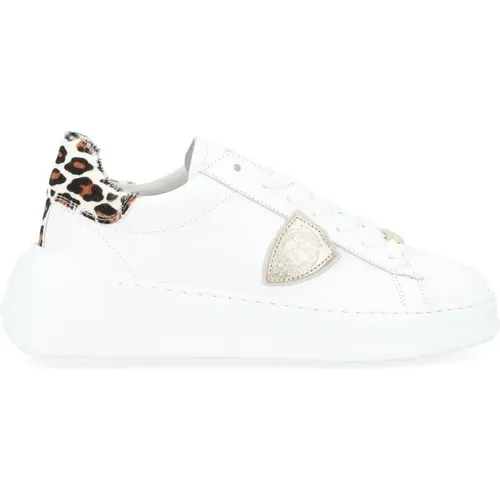 Weiße Leder Low Top Sneaker mit Animal Print Details , Damen, Größe: 37 EU - Philippe Model - Modalova