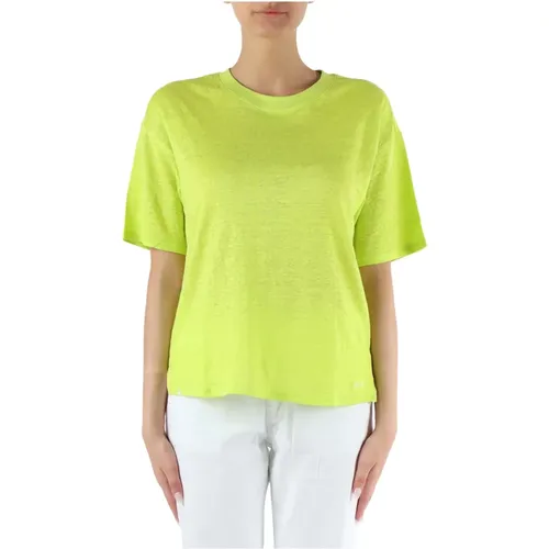 Oversized Linen T-shirt with Logo Embroidery , female, Sizes: S, M - Sun68 - Modalova