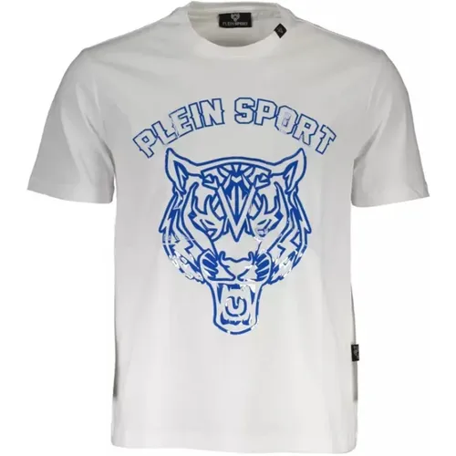 Weißes Baumwoll-T-Shirt, Kurzarm, Rundhals, Druck, Logo , Herren, Größe: 2XL - Plein Sport - Modalova
