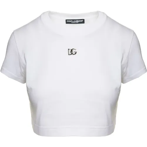 Luxuriöses weißes Crop-T-Shirt mit Metalllogo , Damen, Größe: 2XS - Dolce & Gabbana - Modalova