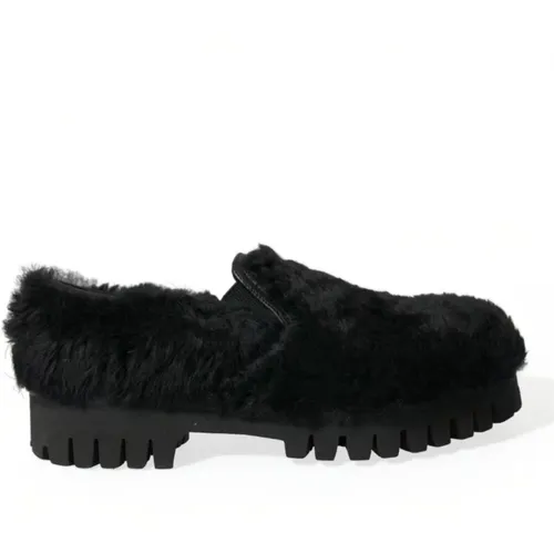 Schwarze Pelz Lederslipper Schuhe - Dolce & Gabbana - Modalova