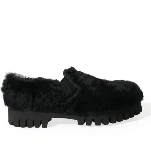 Schwarze Pelz Lederslipper Schuhe , Herren, Größe: 42 EU - Dolce & Gabbana - Modalova