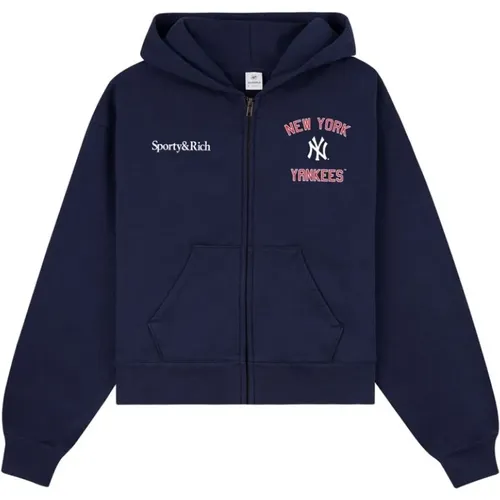 Navy Blauer Kapuzen-Sweatshirt mit Reißverschluss , Damen, Größe: S - Sporty & Rich - Modalova