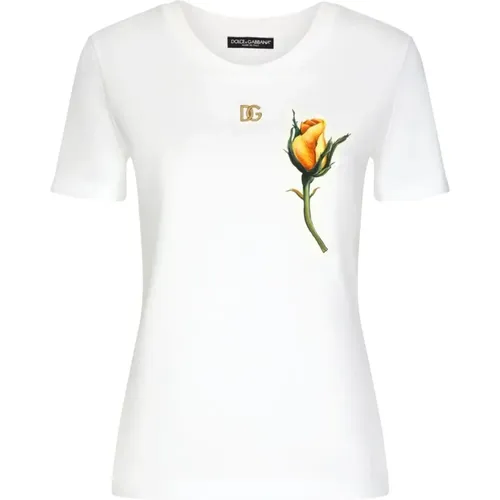 Rose Applique T-Shirt , female, Sizes: M - Dolce & Gabbana - Modalova