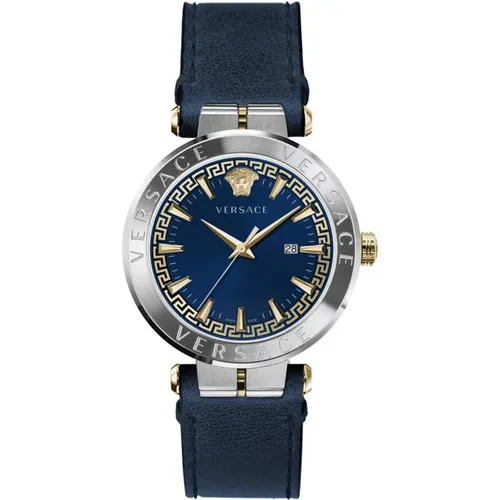 Aion Lederarmband Blaues Zifferblatt Uhr - Versace - Modalova
