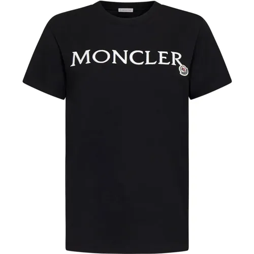 Schwarzes Logo-besticktes Baumwoll-T-Shirt , Damen, Größe: S - Moncler - Modalova