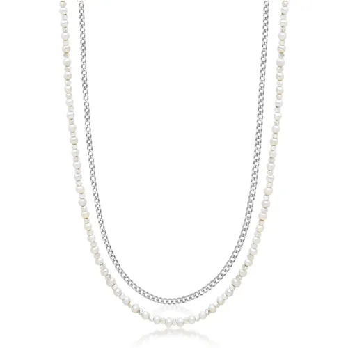 Silver Necklace Layer with 3mm Cuban Link Chain and Pearl Necklace , Herren, Größe: ONE Size - Nialaya - Modalova