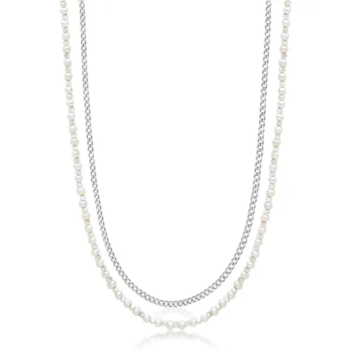 Silver Necklace Layer with 3mm Cuban Link Chain and Pearl Necklace , male, Sizes: ONE SIZE - Nialaya - Modalova