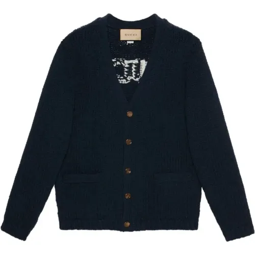 Intarsia-knit logo wool Cardigan , male, Sizes: L, M - Gucci - Modalova