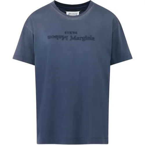 Blaues Baumwoll-Crew-Neck-Logo-T-Shirt , Damen, Größe: L - Maison Margiela - Modalova