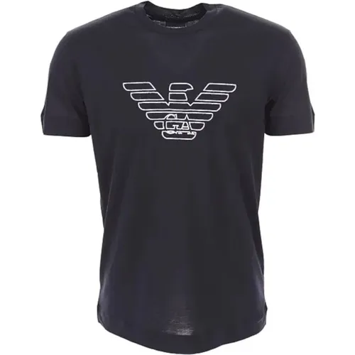 Navyblaues Tencel-Mix Adler-Logo T-Shirt , Herren, Größe: L - Emporio Armani - Modalova