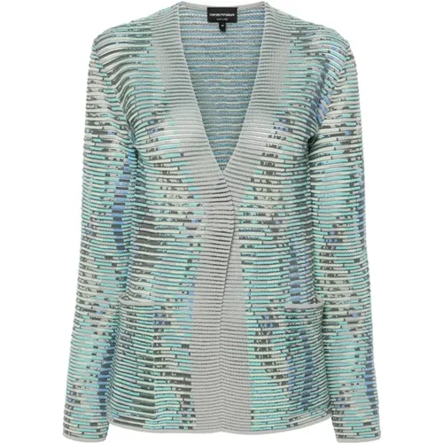 Grey Ribbed Knit Collarless Jacket , female, Sizes: 2XS, M, XL, L - Emporio Armani - Modalova
