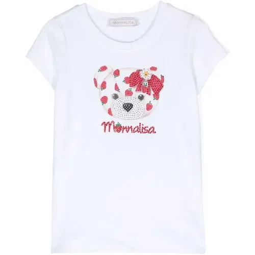 Weiße Baumwoll-T-Shirt mit Bärenprint - Monnalisa - Modalova