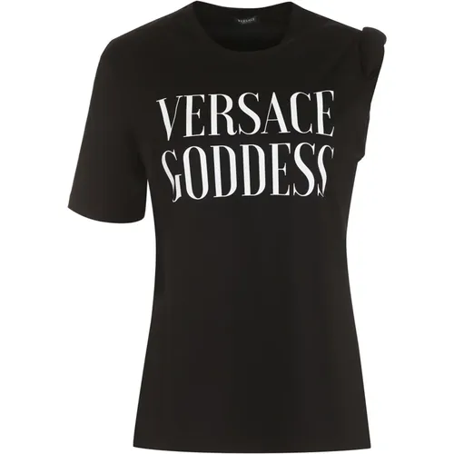 Goddess Front Print Baumwoll T-Shirt , Damen, Größe: 2XS - Versace - Modalova