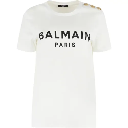 Baumwoll Crew-Neck T-Shirt mit Verzierten Knöpfen , Damen, Größe: S - Balmain - Modalova