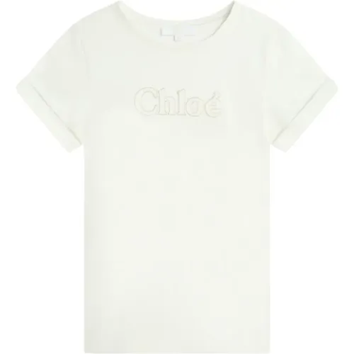 Cremefarbenes Kinder-T-Shirt mit Besticktem Logo - Chloé - Modalova