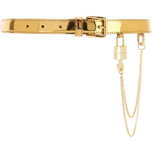 Goldener Ledergürtel - 2 cm Höhe , Damen, Größe: 70 CM - Dolce & Gabbana - Modalova
