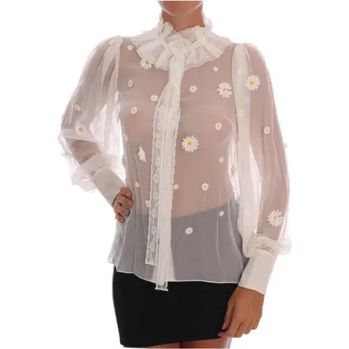 Weiße Seidenbluse mit Gänseblümchen-Applikationen - Dolce & Gabbana - Modalova