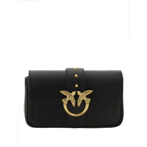 Schwarze Leder Umhängetasche mit Gold Logo Platte - pinko - Modalova