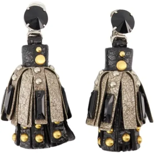 Vintage Lederohrringe mit Goldstiften und eingebetteten Kristallen , Damen, Größe: ONE Size - Prada - Modalova