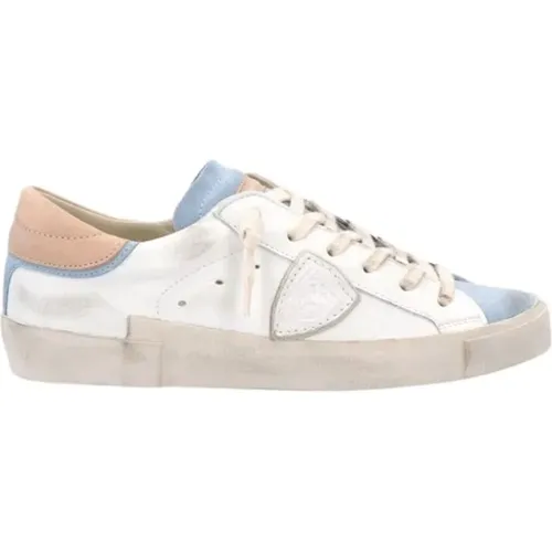 Weiße Low-Top-Sneaker mit blauem Wildleder , Damen, Größe: 41 EU - Philippe Model - Modalova