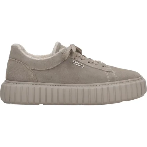 Damen Graue Winter Low-Top Sneakers aus Italienischem Echtem Velours mit Isolierung , Damen, Größe: 38 EU - Estro - Modalova