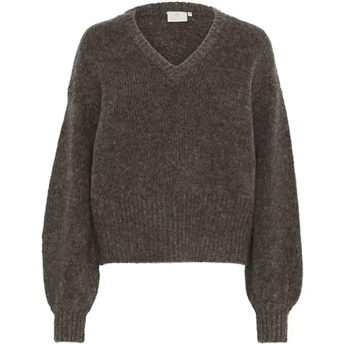 Brauner Melange Strickpullover mit Puffärmeln , Damen, Größe: XL - Kaffe - Modalova