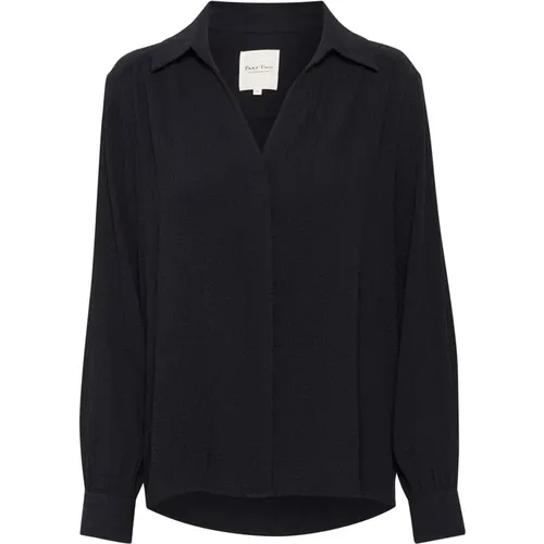 Dark Navy Loose-fit Blouse with V-Neck and Collar , female, Sizes: L - Part Two - Modalova