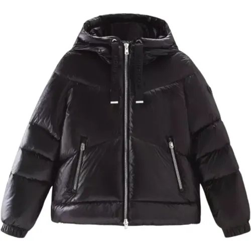 Schwarze Daunenjacke mit Kapuze , Damen, Größe: M - Woolrich - Modalova