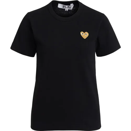 Schwarzes T-Shirt mit goldenem Herz-Patch , Damen, Größe: L - Comme des Garçons Play - Modalova